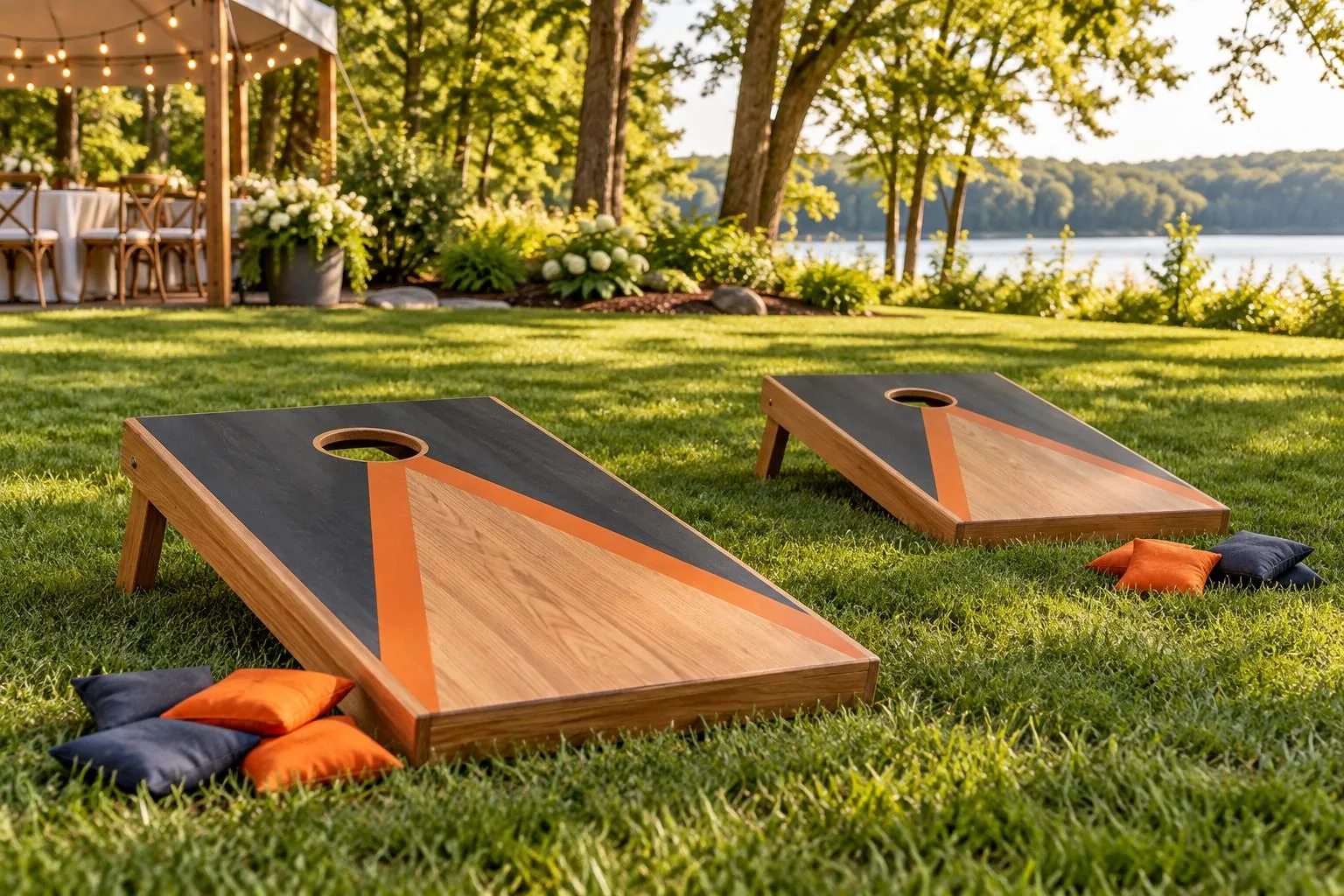 Cornhole boards and beanbags for a party add-on